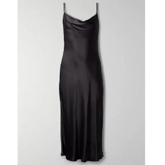 Wilfred Canto Satin Black Slip Dress Bias Cut Midi Drapey Aritzia Viscose 80281 - Picture 1 of 14